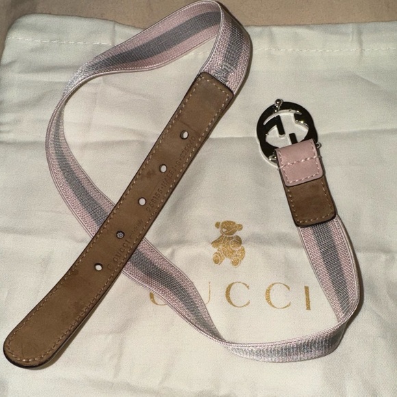 Kids Gucci elastic belt - pink and grey stripes with silver GG buckle, S - Picture 4 of 4